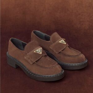 Women's Prada Brown Suede Platform Loafers with Triangle Logo 🥿